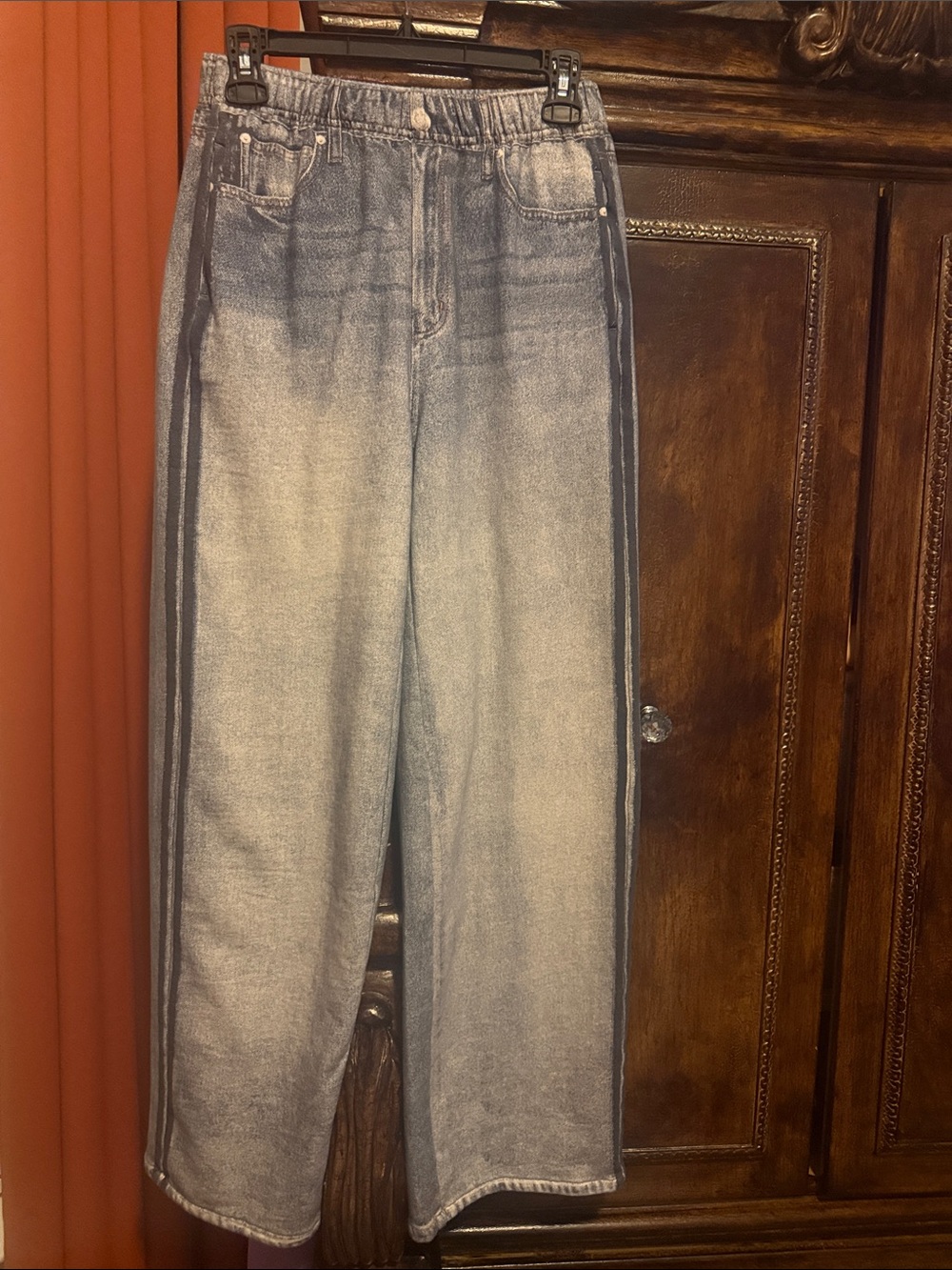 French Terry Wide Leg Denim Look Pants in Washed Blue